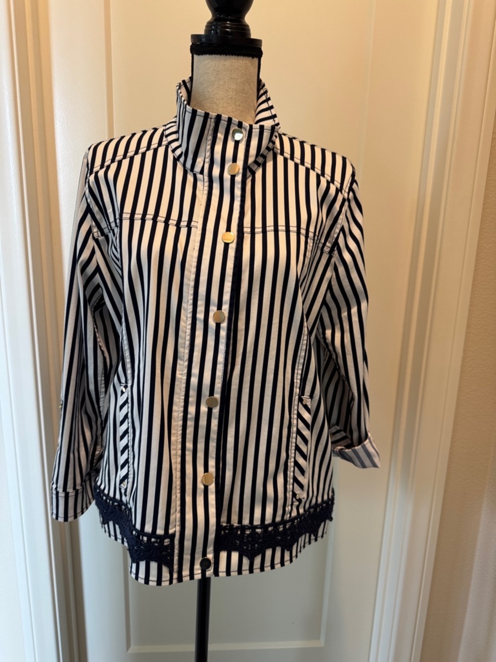 Striped Button-Front Jacket in Navy and White